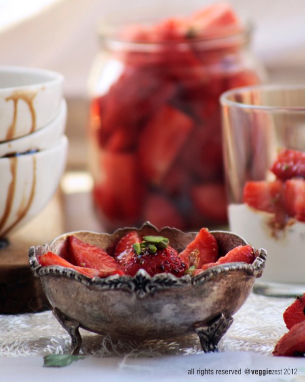 Coconut custard with strawberries and balsamic and honey sauce